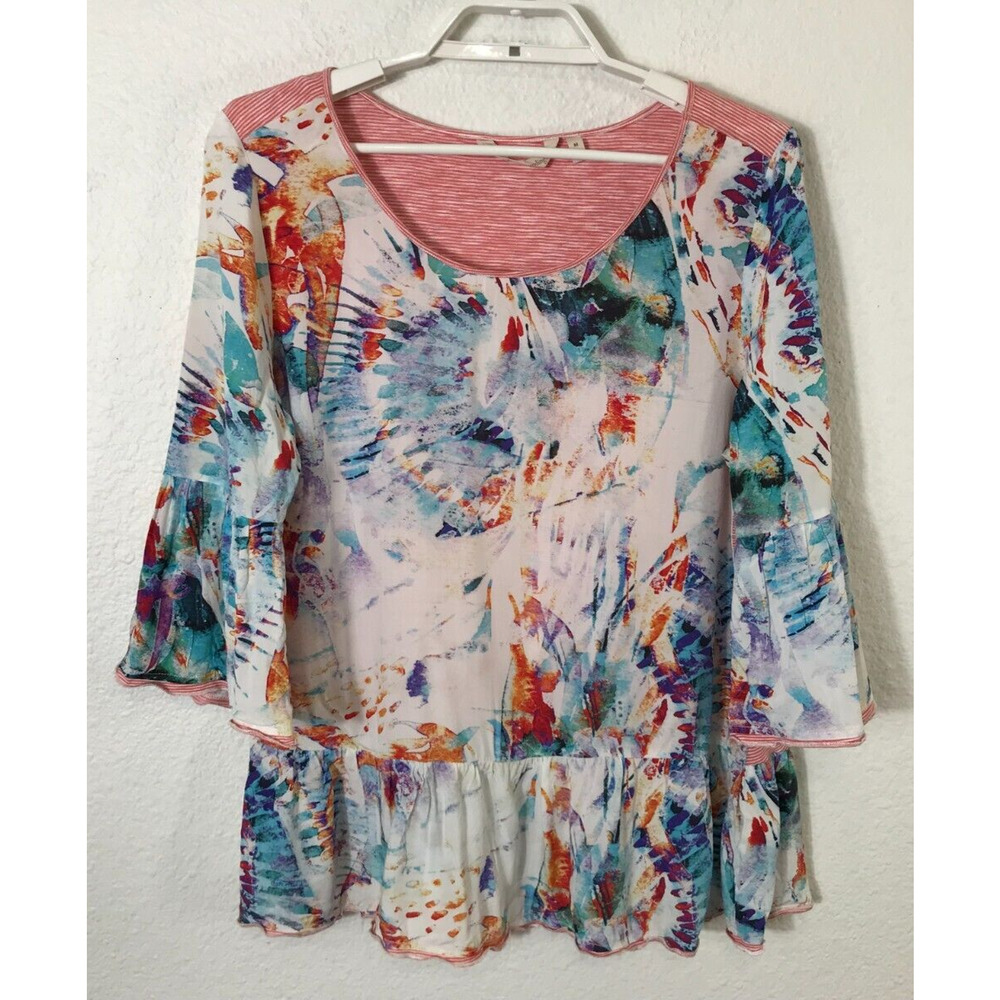 Soft Surroundings Yvette Blouse Womens Medium Colorful 3/4 Bell Sleeve Peplum